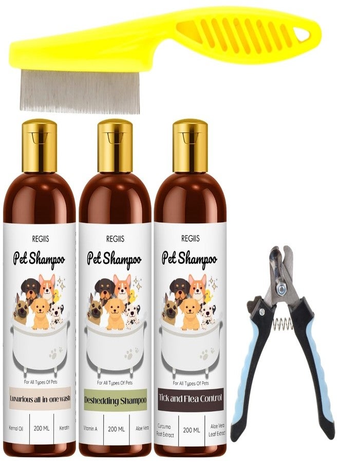 مجموعة ريجيس للعناية بالحيوانات الأليفة، مجموعة شامبو للكلاب مع مكافحة البراغيث، وإزالة الشعر الزائد، وغسول شامل، زجاجات سعة 200 مل، تتضمن مشطًا للبراغيث ومقص أظافر (عبوة من 5 قطع)